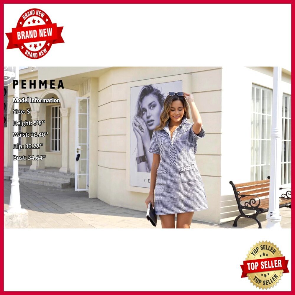 Tweed Shift Dress Elegant Formal Work Cocktail Party Mini Short Sleeve - Picture 7 of 7